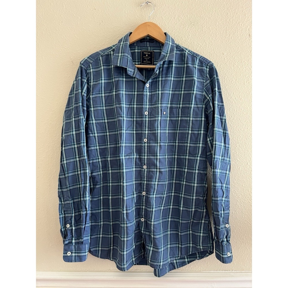 Turtle Sports Club Blue Plaid Button Up Shirt Mens L Slim Fit 42 100% Cotton